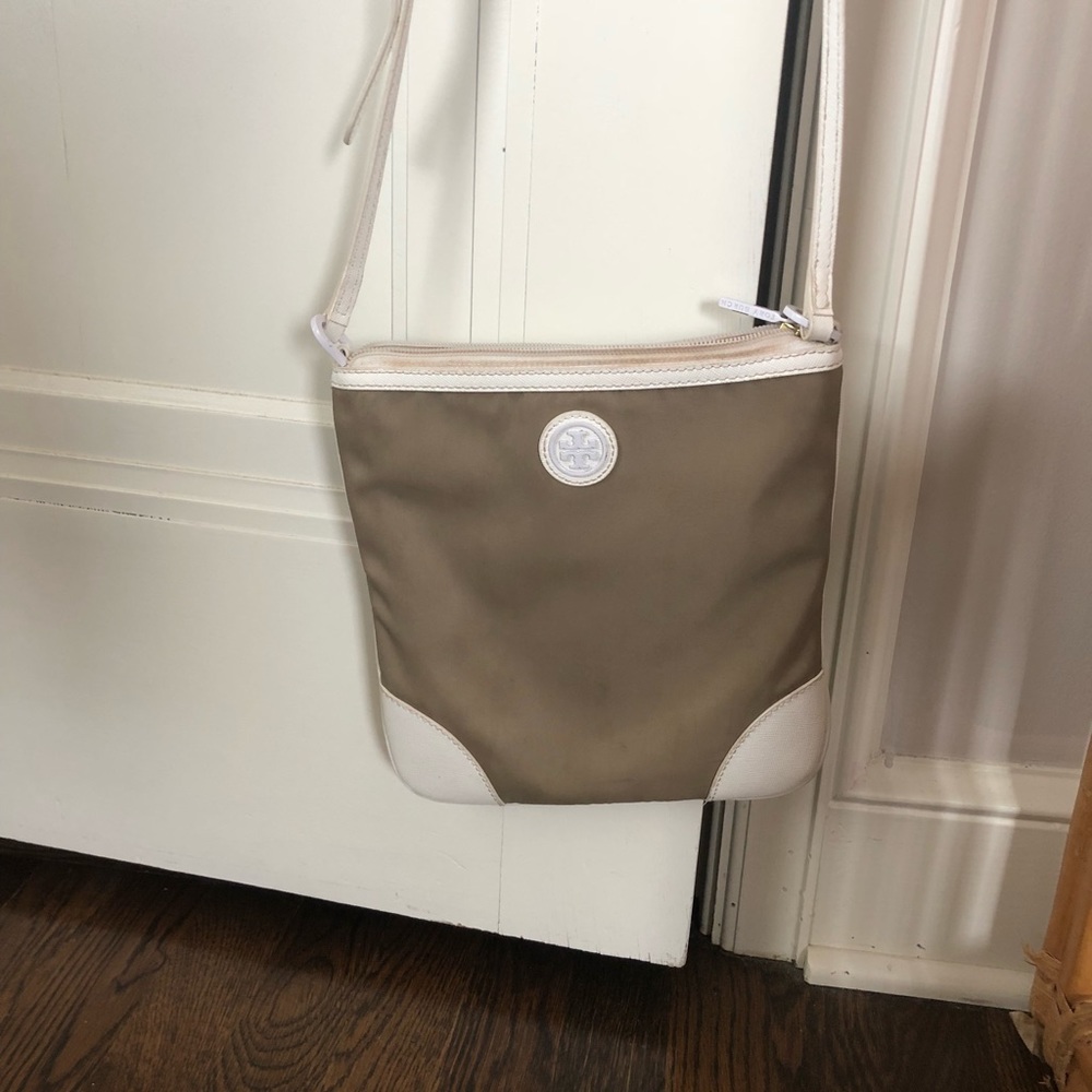 Tory Burch brown and white cross body bag